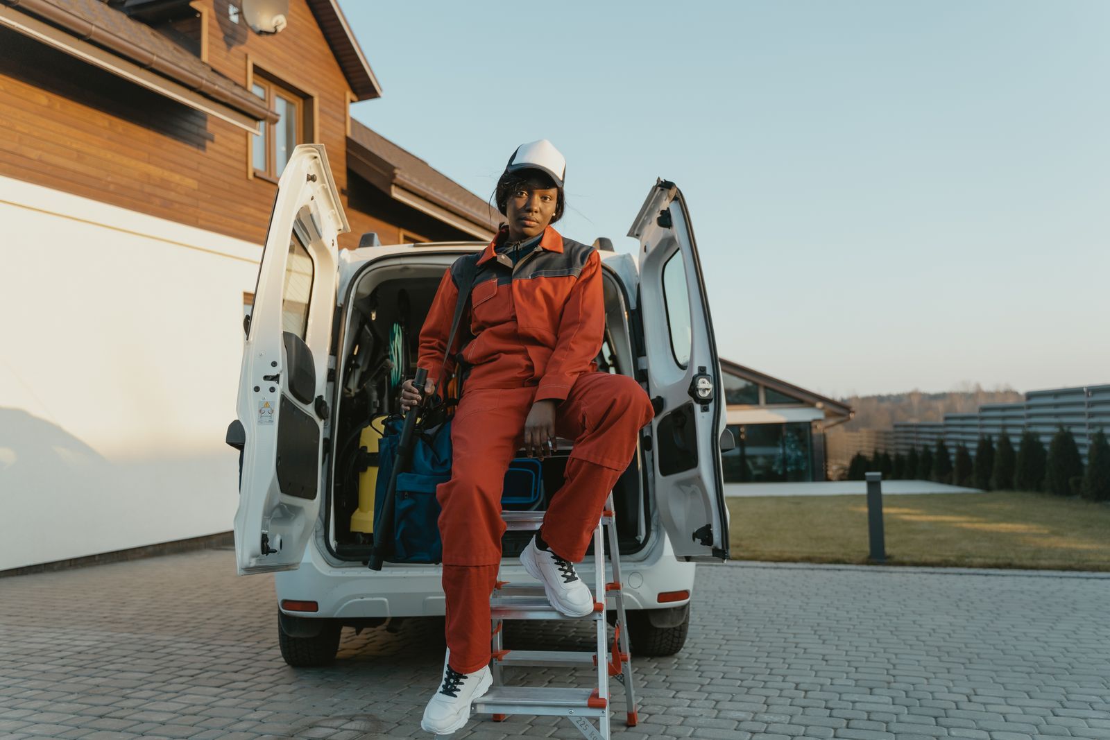 A service technician in work overalls sitting at the back of an open work van outside a house