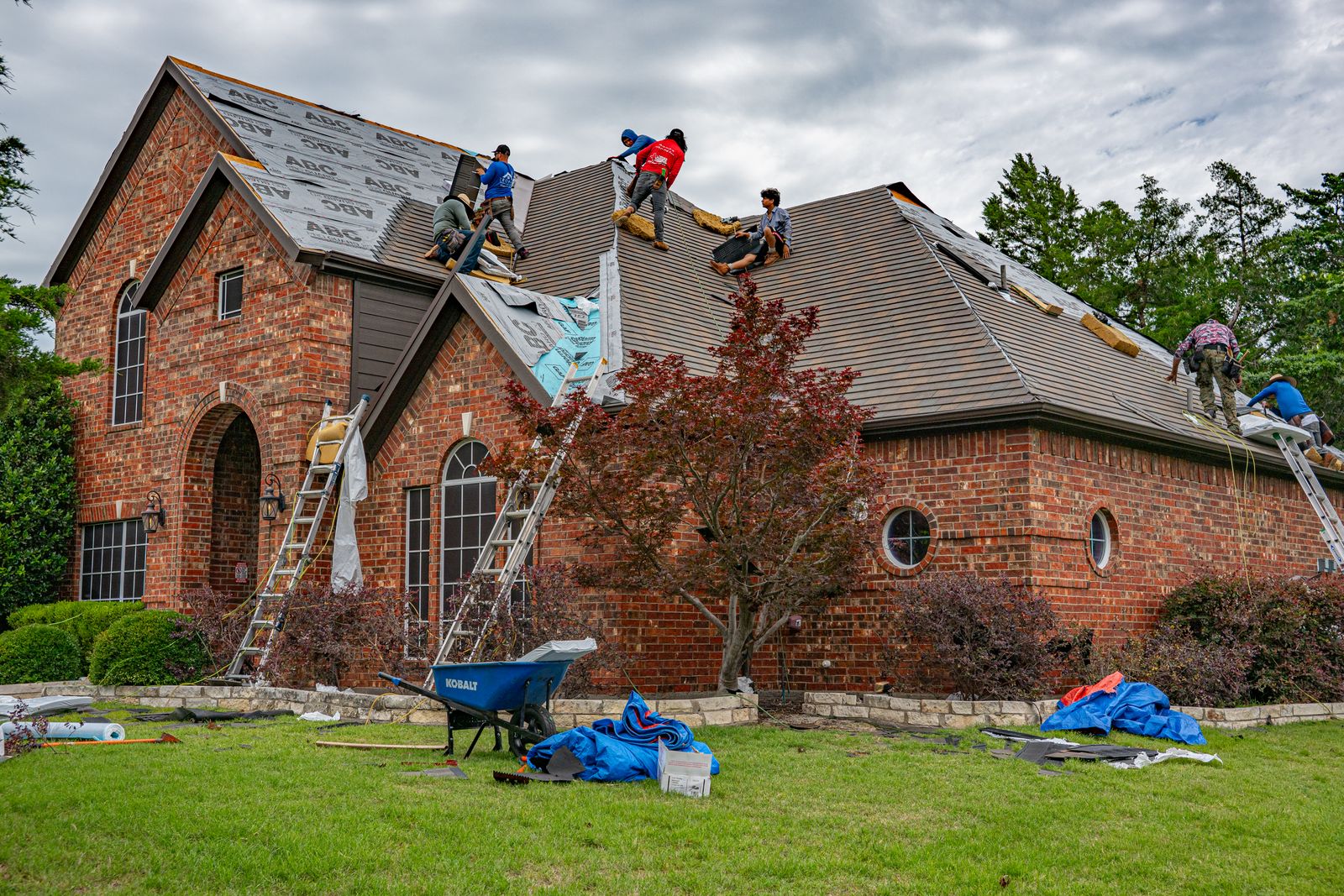A roofing crew replacing shingles on a two-story brick house, with ladders, tarps and a wheelbarrow on the lawn