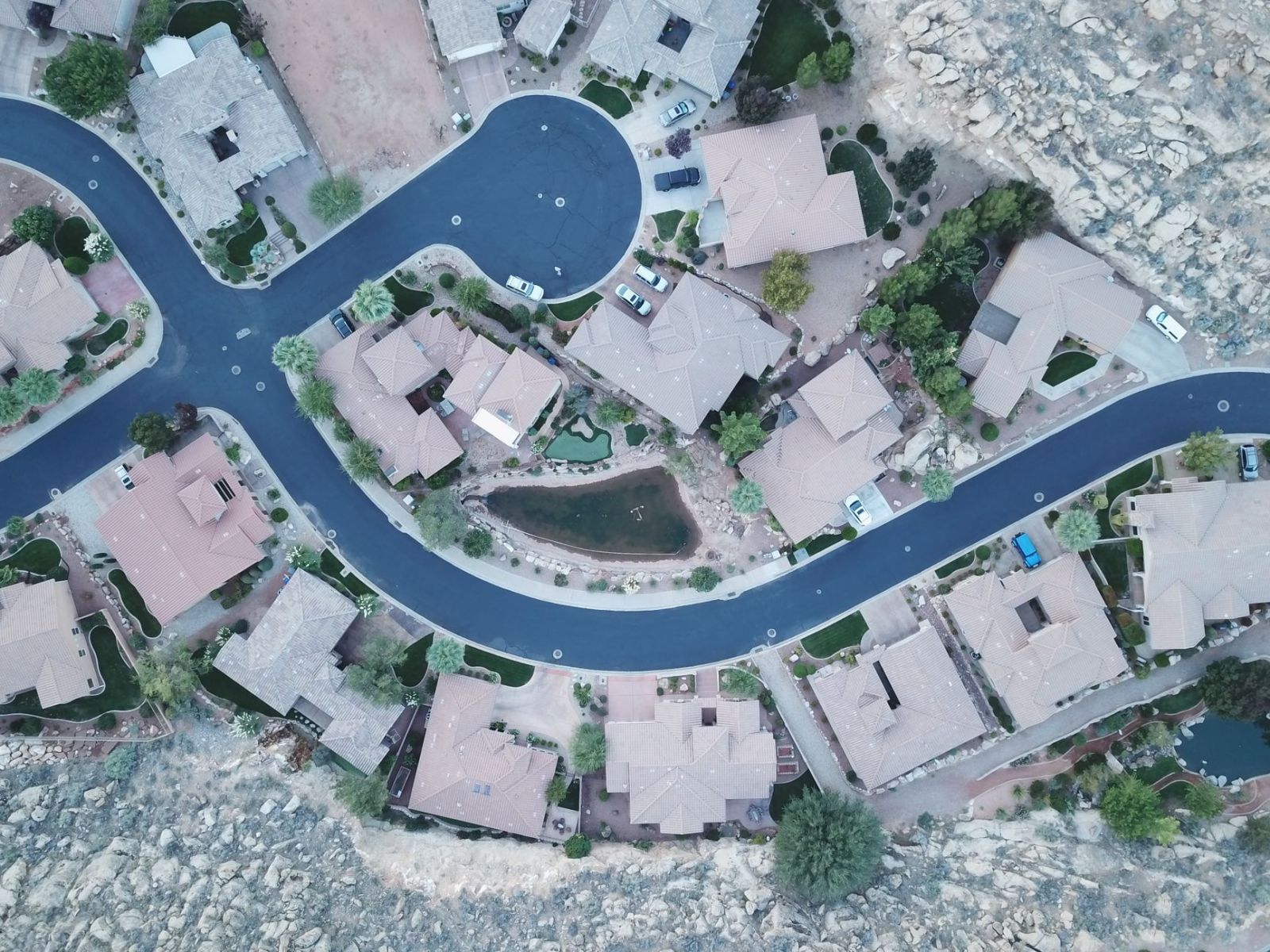 Aerial view of a neighborhood street lined with houses